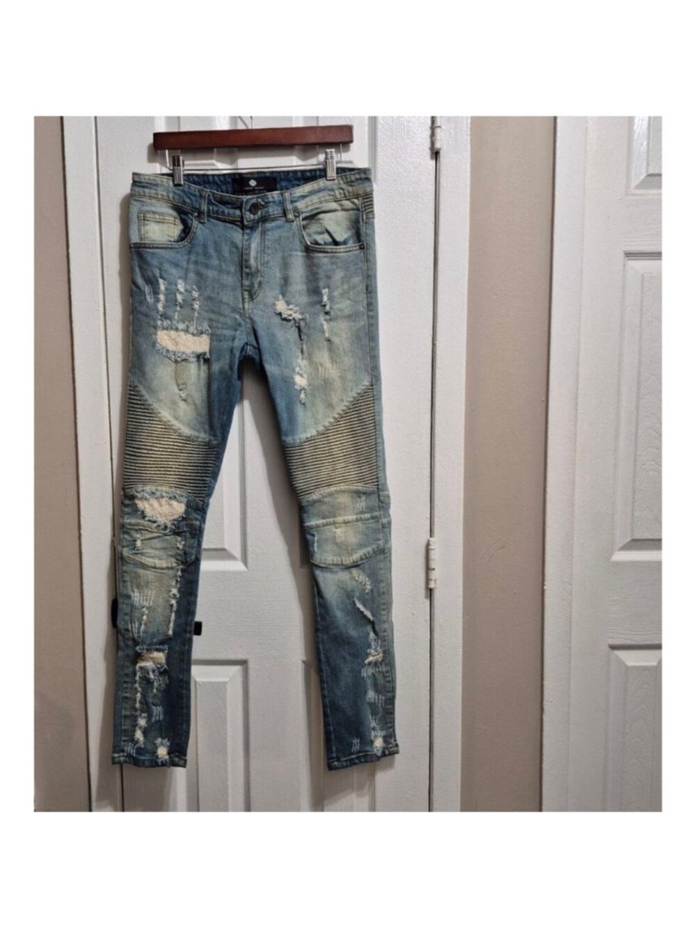 Men's Focus Jeans Blue Distressed Skinny Jeans Waist 34